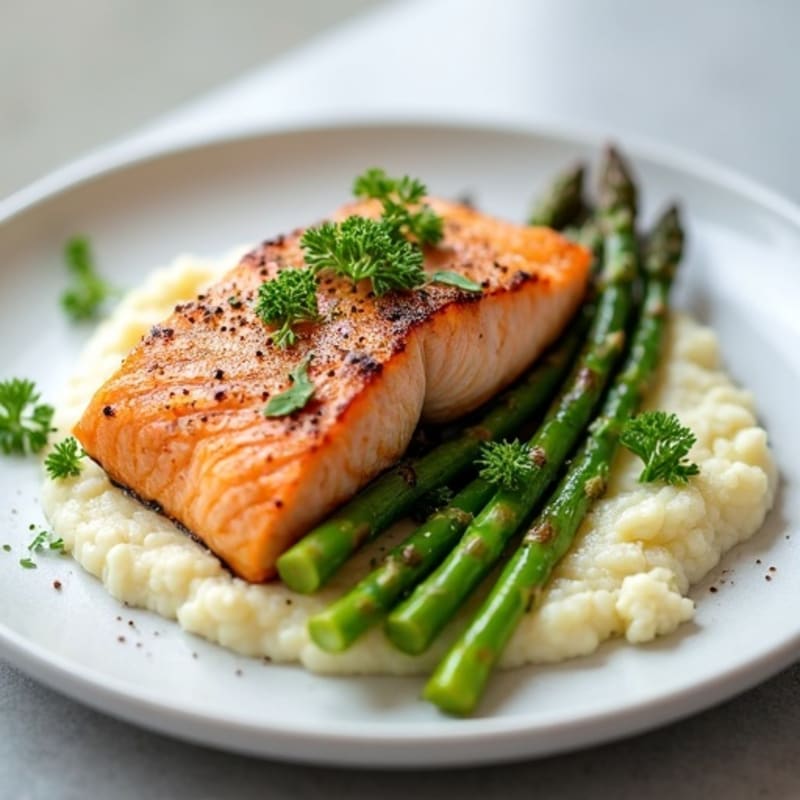 Seared Salmon with Steamed Asparagus and Cauliflower Mash