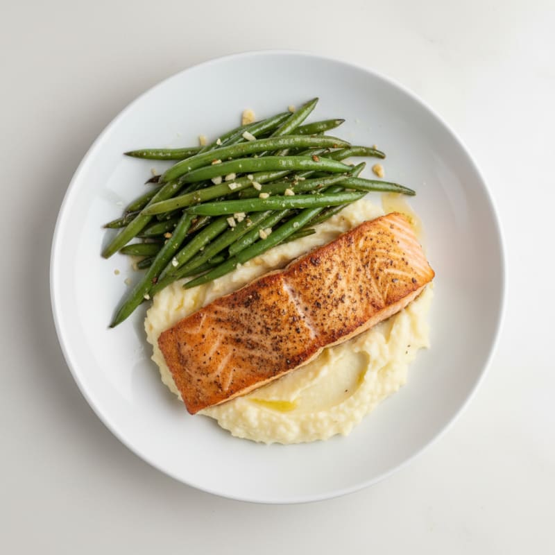 Seared Salmon with Garlic Green Beans and Cauliflower Mash
