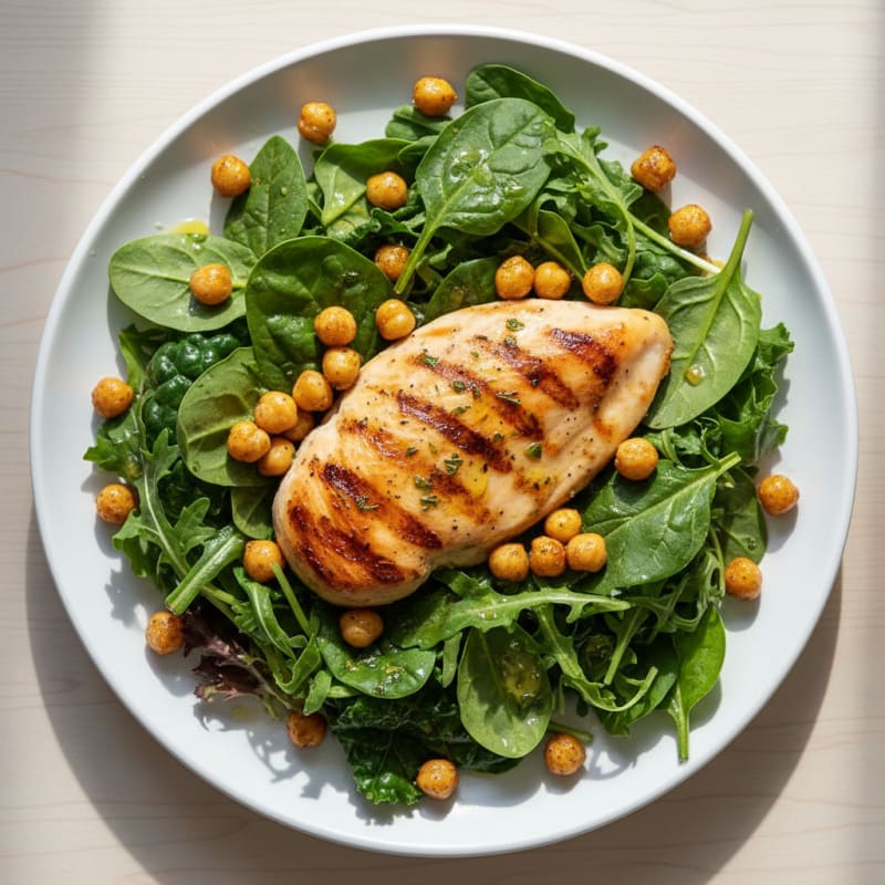 Grilled Chicken Breast with Roasted Chickpeas and Mixed Greens