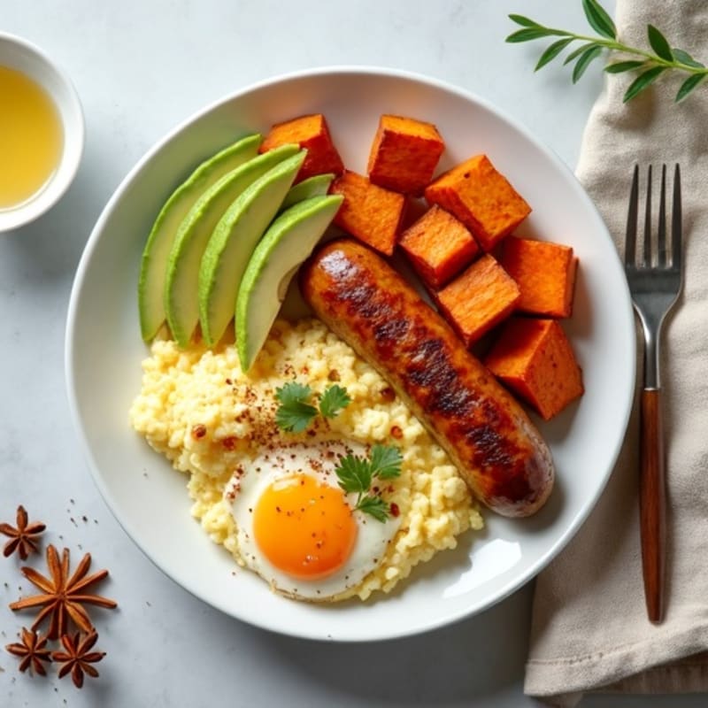 Crispy Turkey Sausage and Egg White Scramble with Roasted Sweet Potato