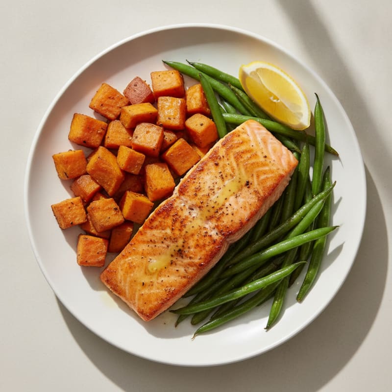 Pan-Seared Salmon with Roasted Sweet Potatoes and Green Beans