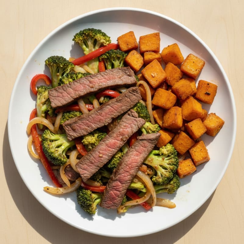 Seared Beef and Broccoli with Roasted Sweet Potato Cubes