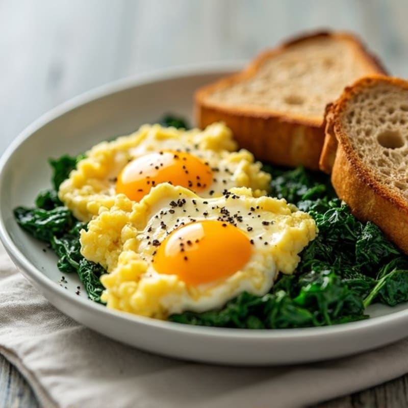 Scrambled Eggs with Cottage Cheese and Sautéed Spinach