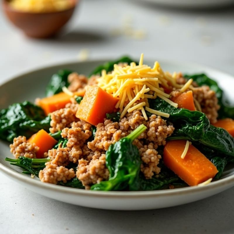 Ground Turkey and Sweet Potato Skillet with Sautéed Spinach