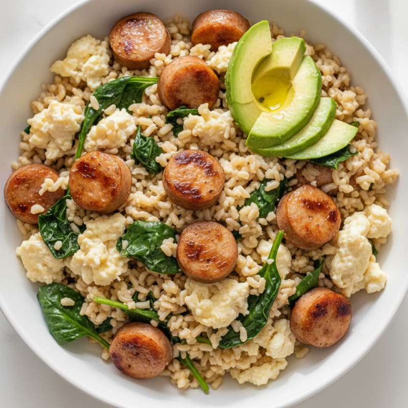 Egg White and Chicken Sausage Scramble with Brown Rice