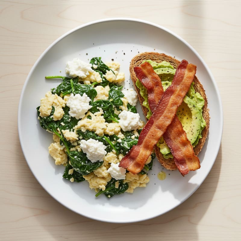 Egg White and Spinach Scramble with Cottage Cheese and Turkey Bacon