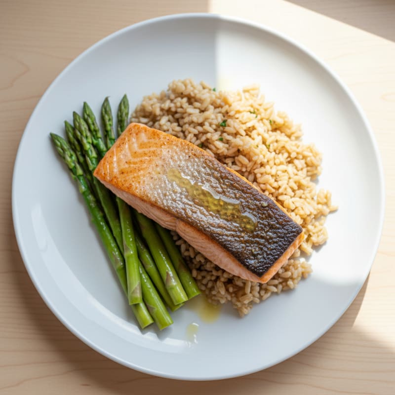 Seared Salmon Fillet with Steamed Asparagus and Brown Rice