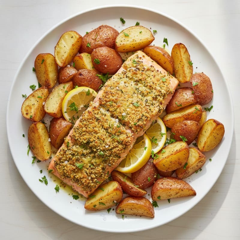 Herb-Crusted Salmon with Roasted Potatoes