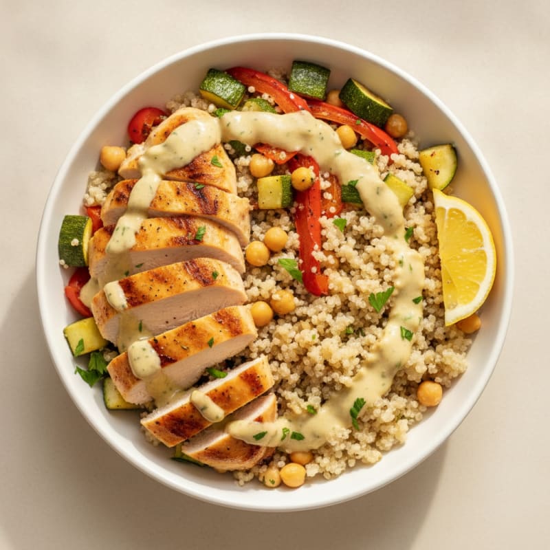 Grilled Chicken and Quinoa Bowl with Roasted Vegetables and Lemon Tahini Drizzle