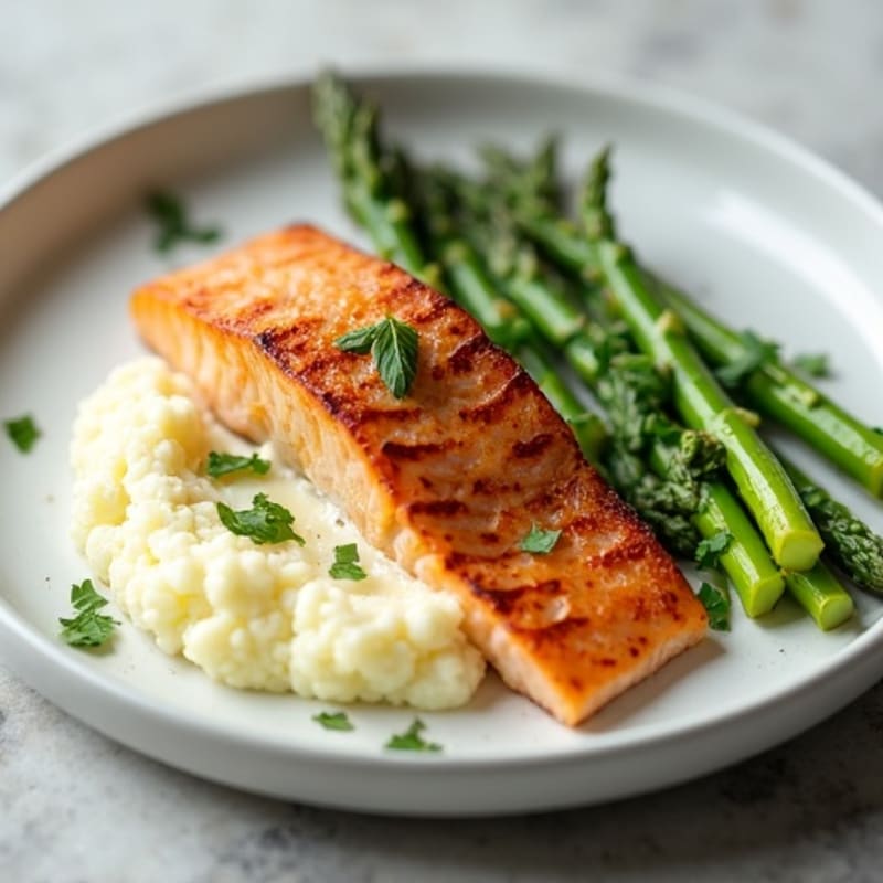 Seared Salmon Fillet with Steamed Asparagus and Cauliflower Mash