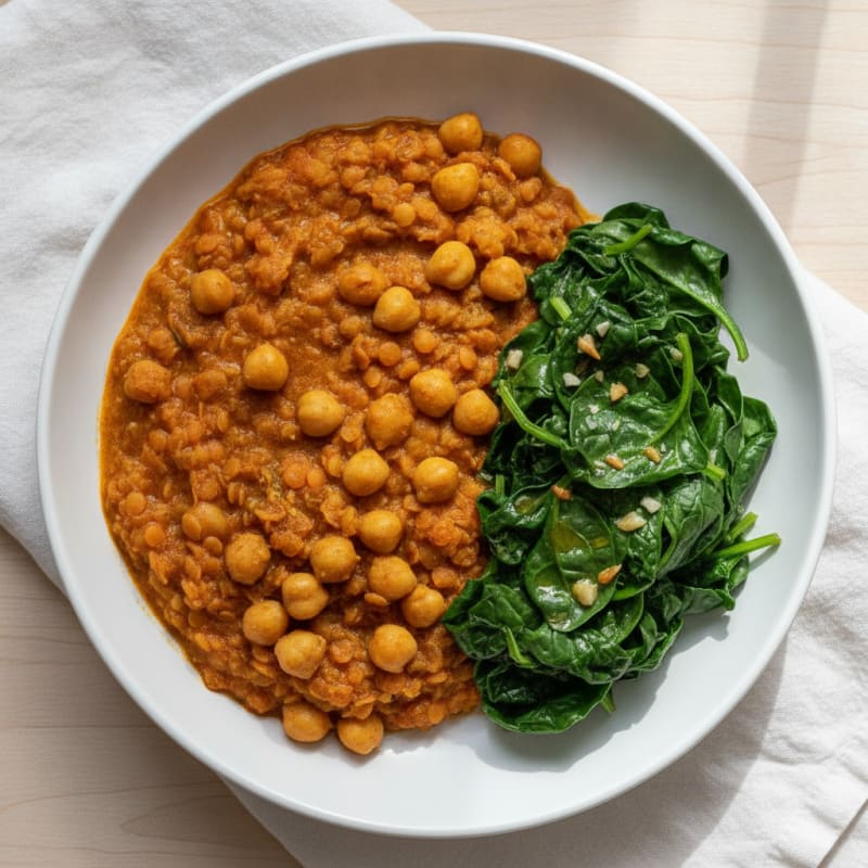 Creamy Lentil and Chickpea Stew with Sautéed Spinach