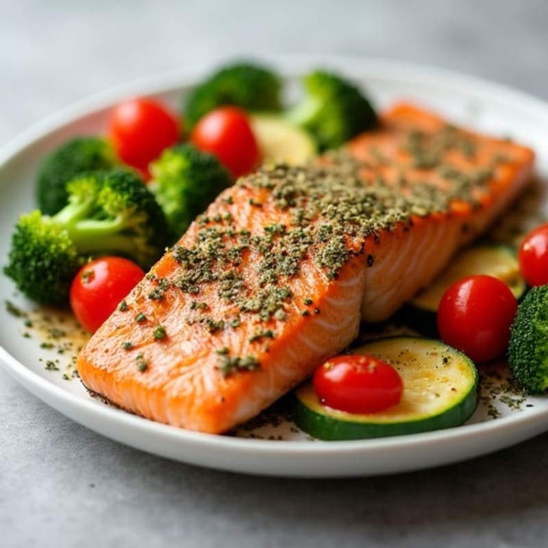 Herb-Crusted Pan Seared Salmon with Roasted Vegetables