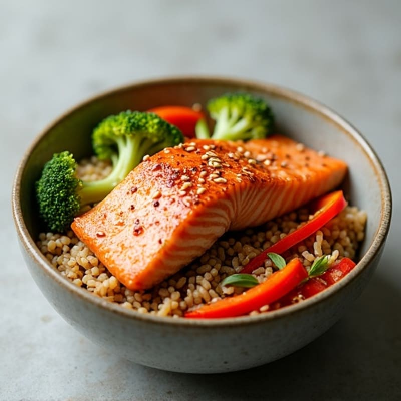Sesame Salmon Bowl with Brown Rice and Crispy Veggies
