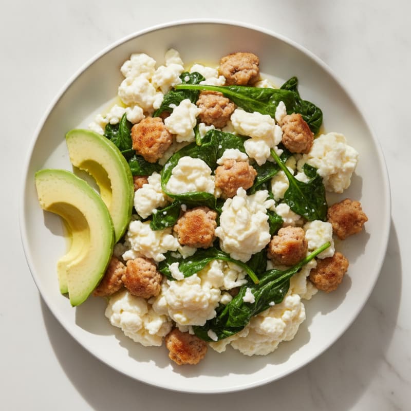 Egg White Scramble with Turkey Sausage and Sautéed Spinach