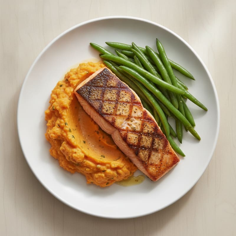 Seared Salmon with Steamed Green Beans and Sweet Potato Mash