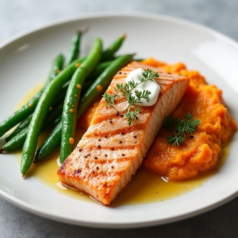 Seared Salmon with Garlic Green Beans and Sweet Potato Mash