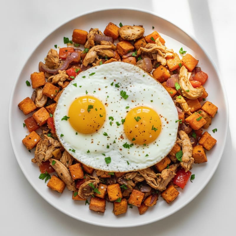 Turkey and Egg Hash with Sweet Potatoes