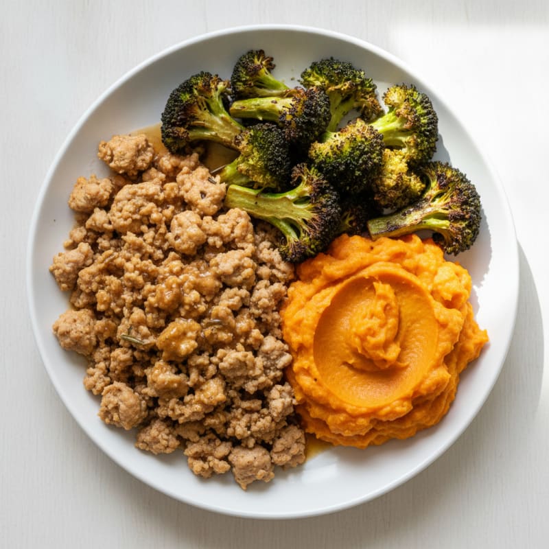 Herb-Baked Ground Turkey with Roasted Broccoli and Sweet Potato Mash