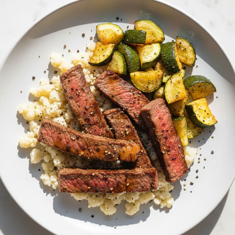 Seared Lean Beef Strips with Roasted Zucchini and Cauliflower Rice