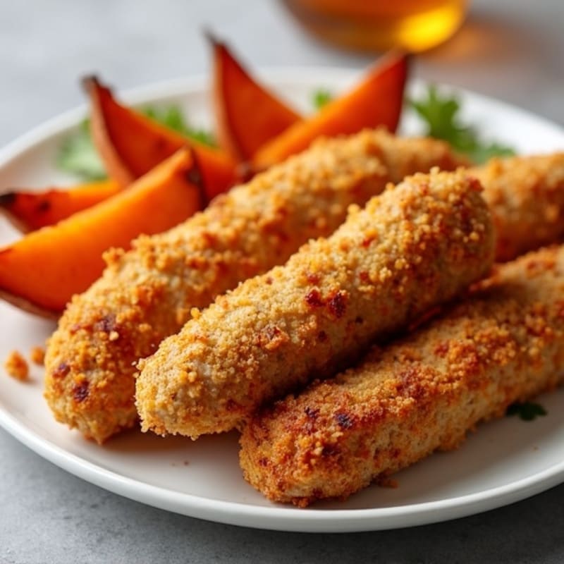 Crispy Cornmeal-Crusted Chicken Sausage with Roasted Sweet Potato Wedges