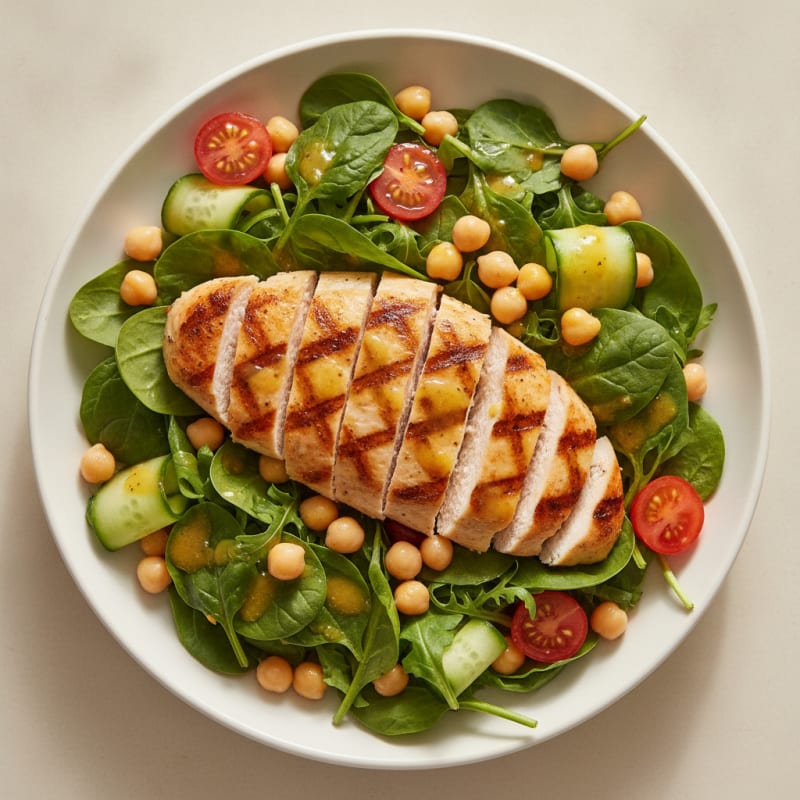 Grilled Chicken Breast Salad with Mixed Greens and Chickpeas