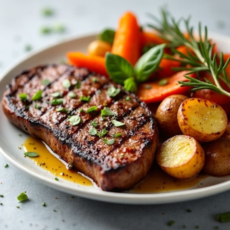 Garlic Herb Grilled Steak with Roasted Potatoes and Roasted Seasonal Vegetables