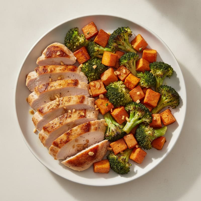 Seared Turkey Breast with Roasted Broccoli and Sweet Potato