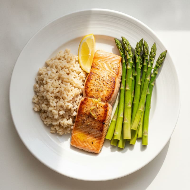 Seared Salmon Fillet with Steamed Asparagus and Brown Rice