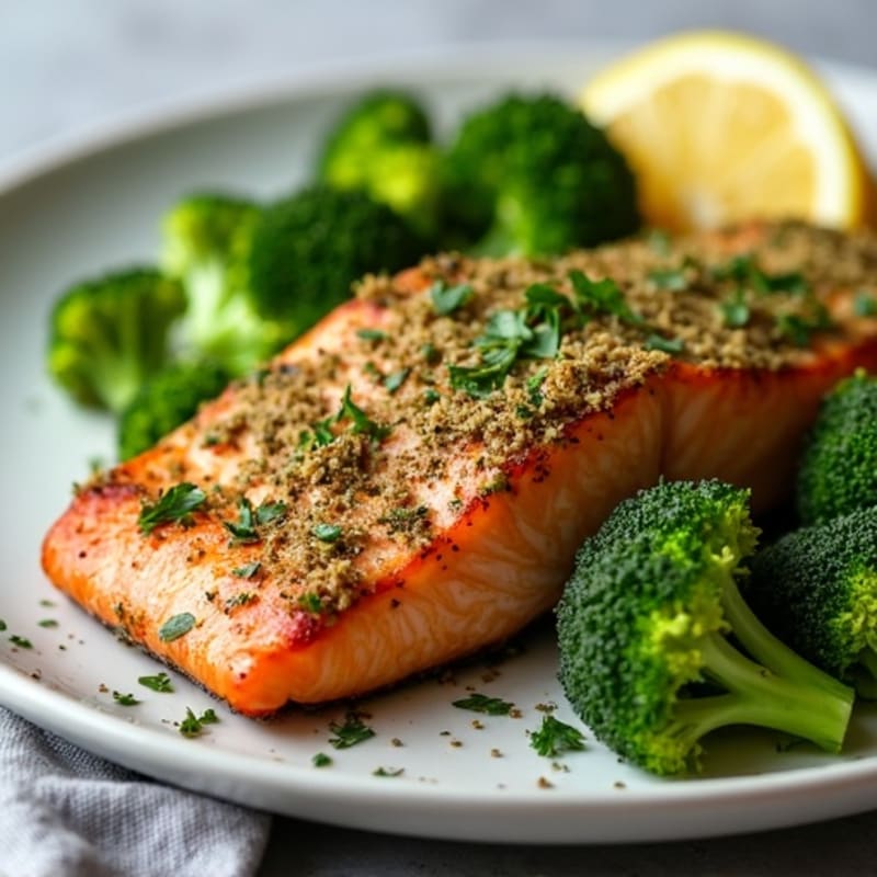 Herb-Crusted Pan Seared Salmon with Roasted Broccoli