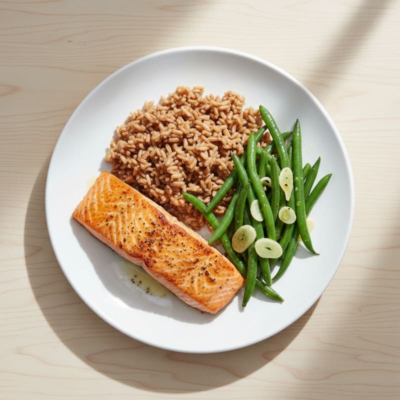 Seared Salmon with Garlic Green Beans and Brown Rice