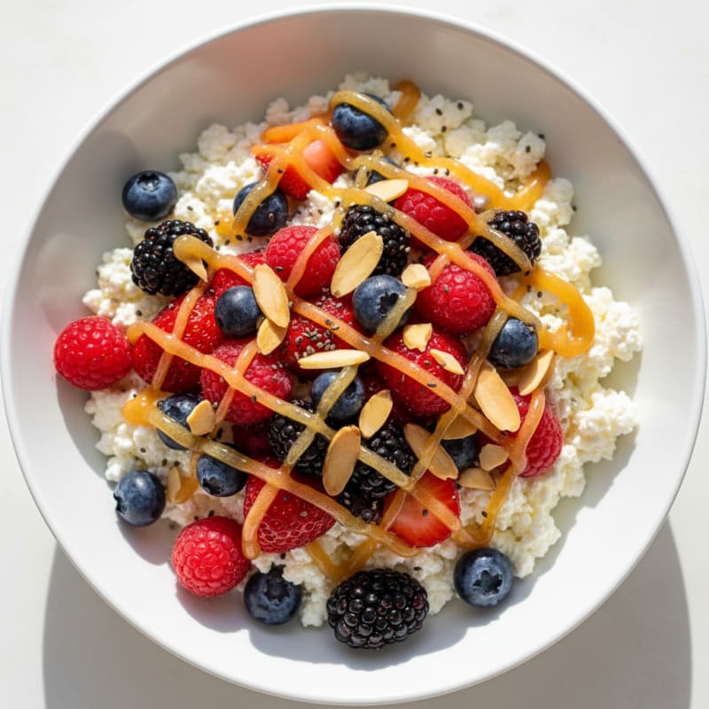 Cottage Cheese Berry Bowl with Sliced Almonds and Chia Seeds
