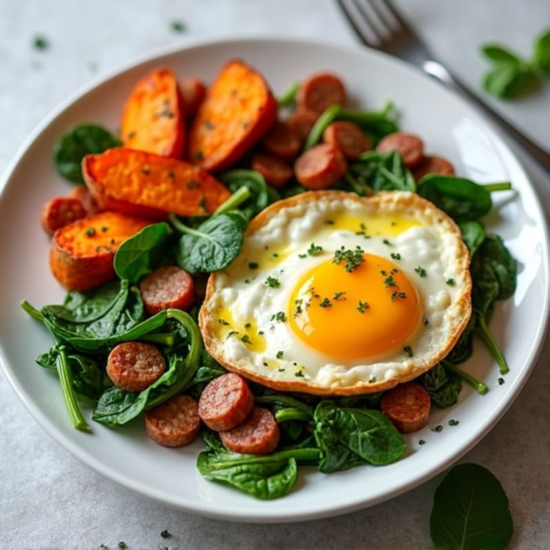 Egg White and Turkey Sausage Scramble with Spinach and Roasted Sweet Potatoes