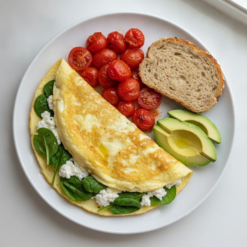 Egg White Spinach Omelette with Cottage Cheese and Cherry Tomatoes