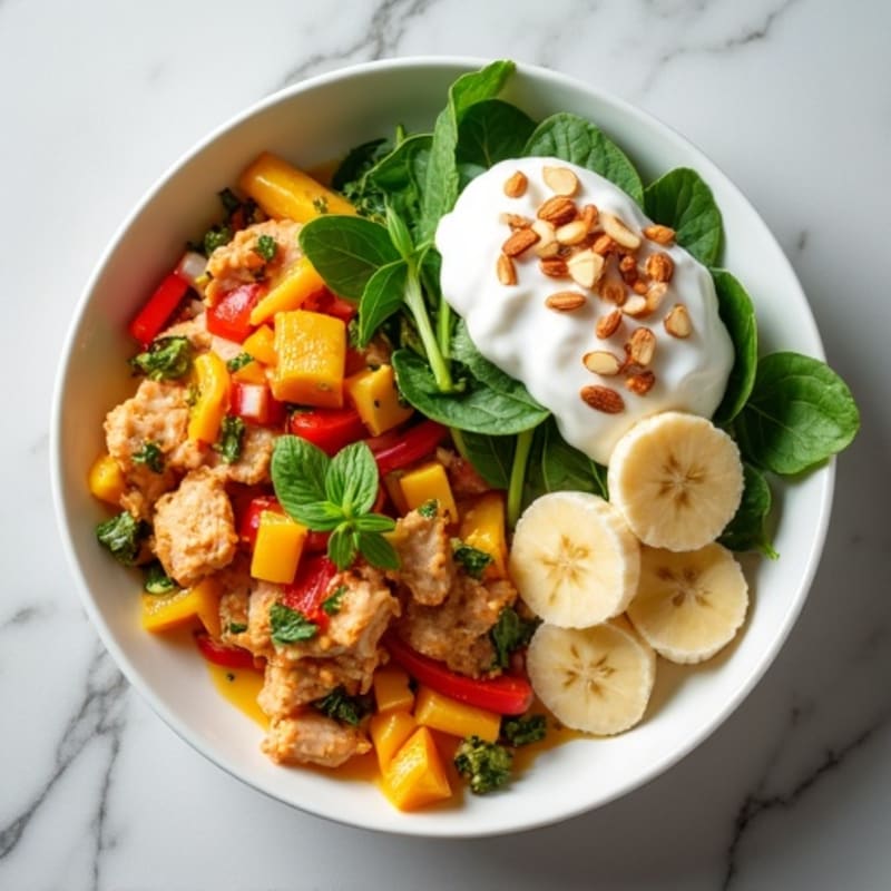 Warm Chicken and Vegetable Scramble with Okios Yogurt