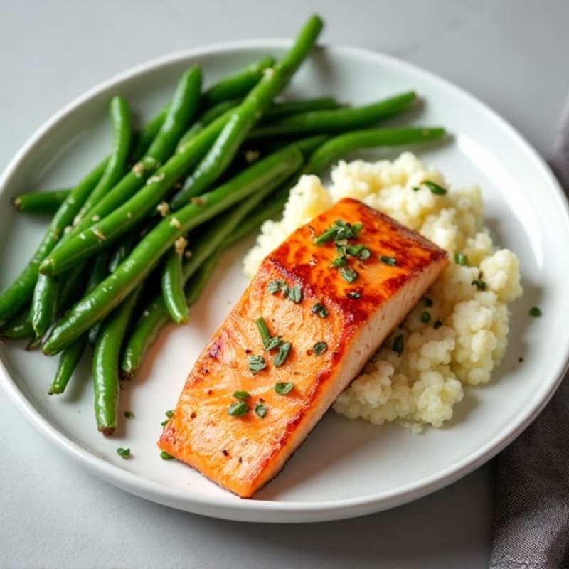 Seared Salmon with Steamed Green Beans and Garlic Mashed Cauliflower