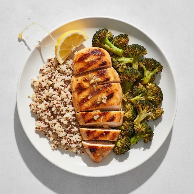 Grilled Lemon-Garlic Chicken Breast with Quinoa and Roasted Broccoli