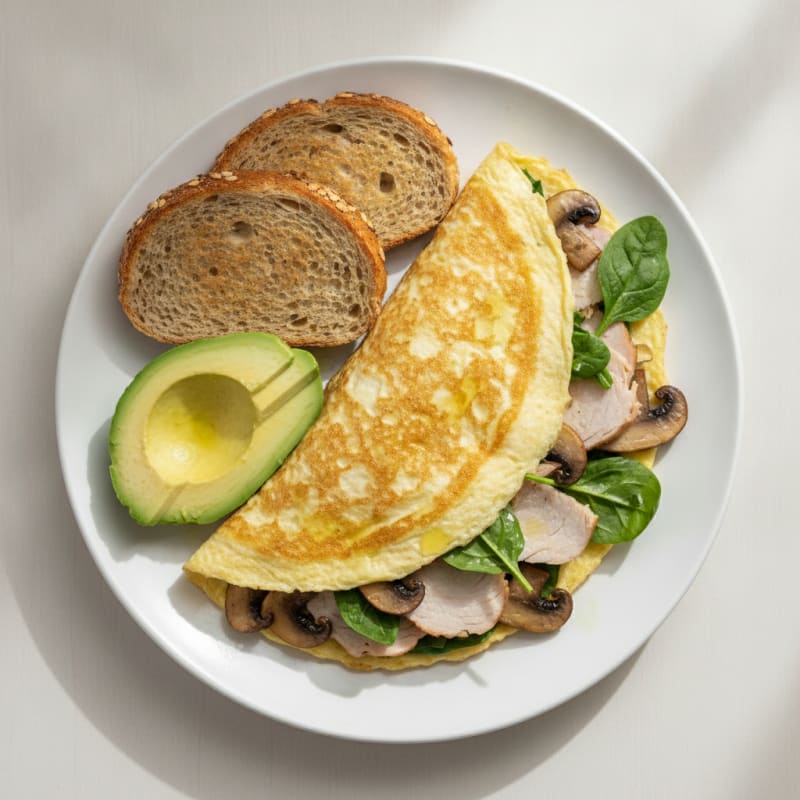 Egg White Spinach Omelette with Turkey Breast and Sautéed Mushrooms