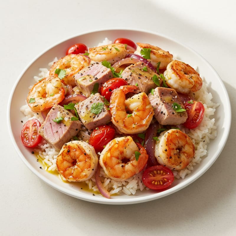 Pan-Seared Shrimp and Tuna Rice Bowl
