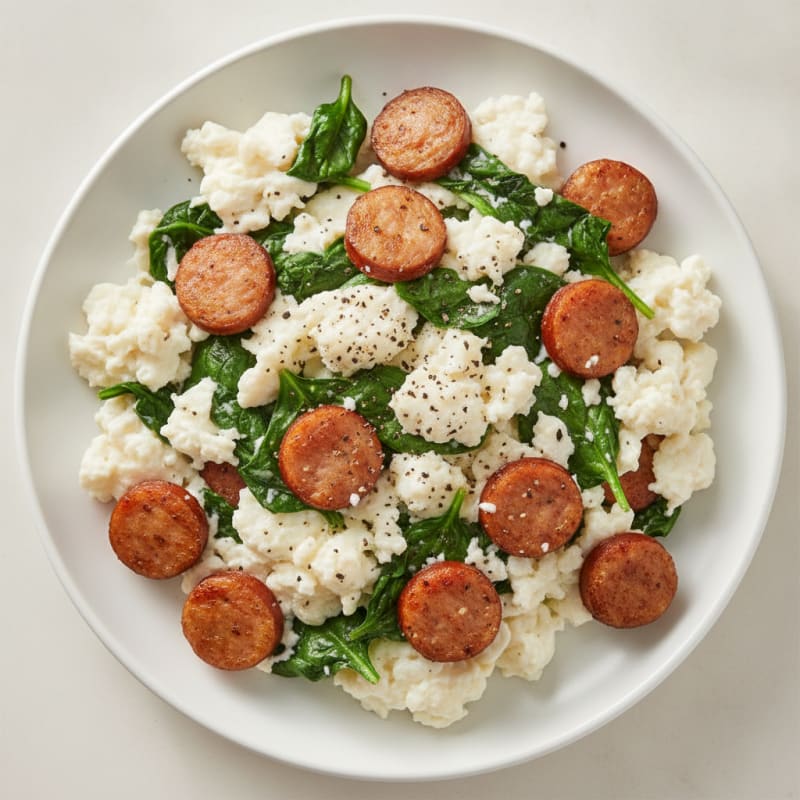 Egg White and Chicken Sausage Scramble with Spinach