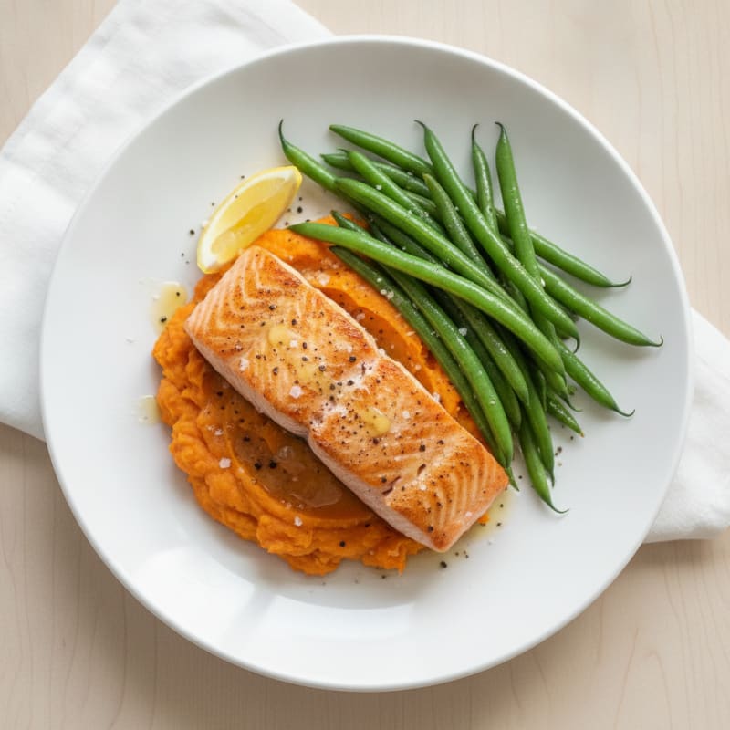 Seared Salmon with Steamed Green Beans and Sweet Potato Mash