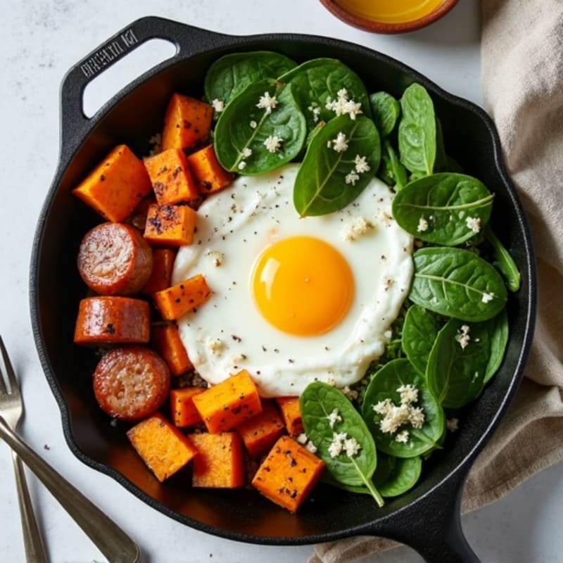 Lean Turkey Sausage and Egg Skillet with Roasted Sweet Potatoes and Fresh Greens
