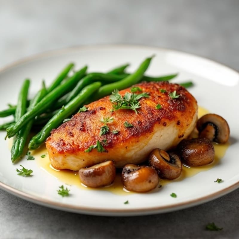 Crispy Pan-Seared Chicken with Roasted Garlic Butter Mushrooms and Steamed Green Beans