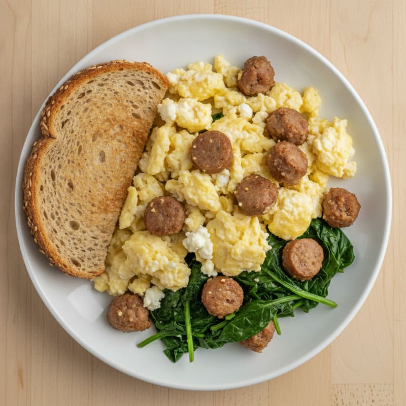 Cottage Cheese Egg Scramble with Turkey Sausage and Sautéed Spinach