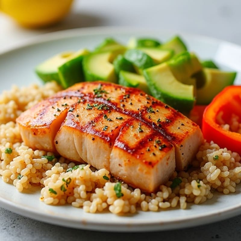 Fresh Marinated Tuna with Brown Rice, Creamy Avocado, and Crisp Vegetables