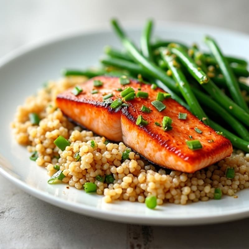 Seared Salmon with Garlic Green Beans and Quinoa