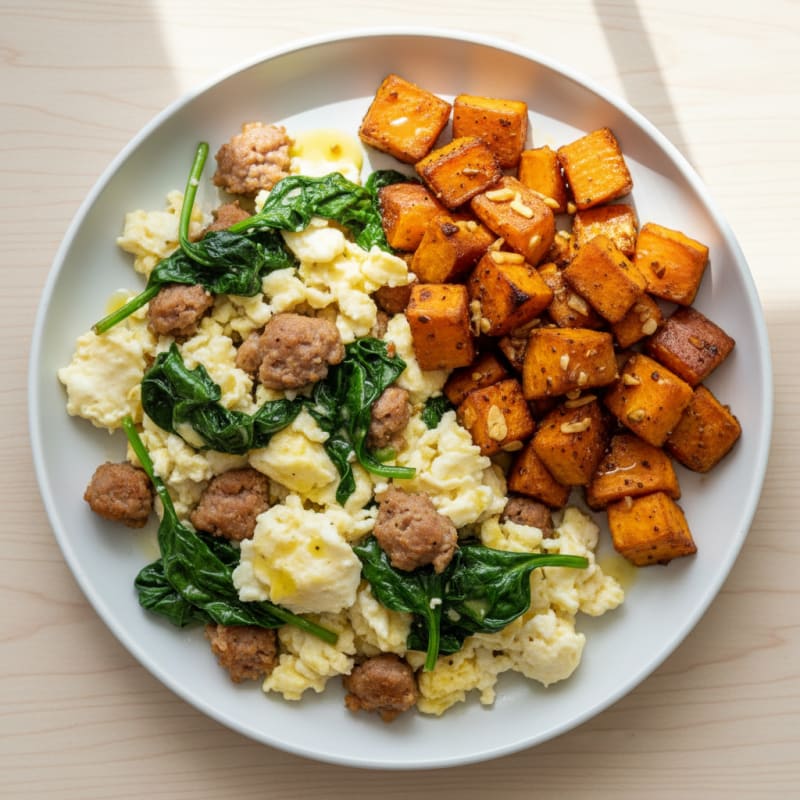 Scrambled Egg Whites with Turkey Sausage and Sautéed Spinach