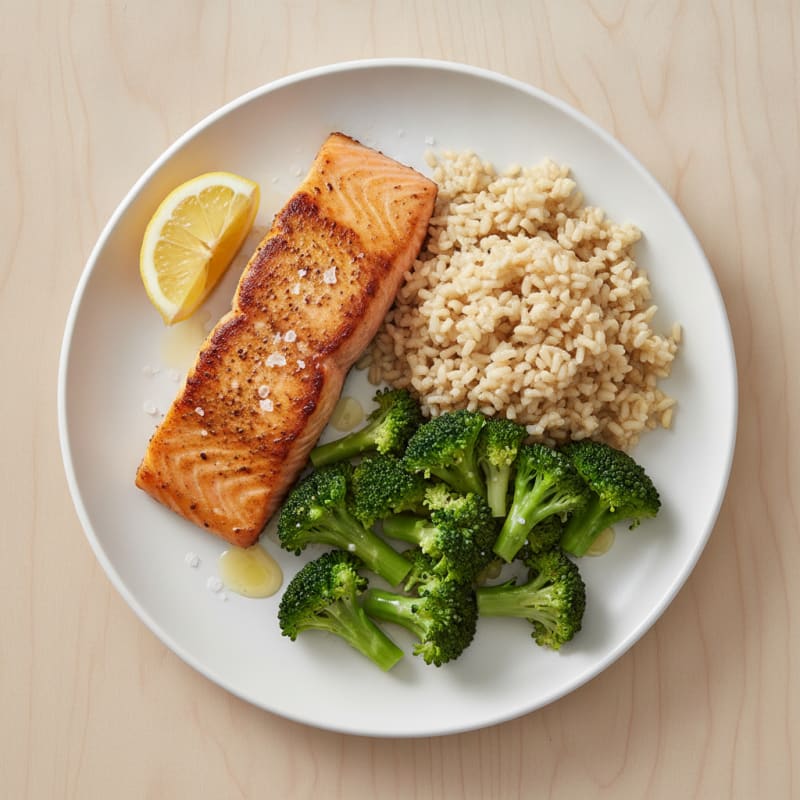 Seared Salmon with Steamed Broccoli and Brown Rice