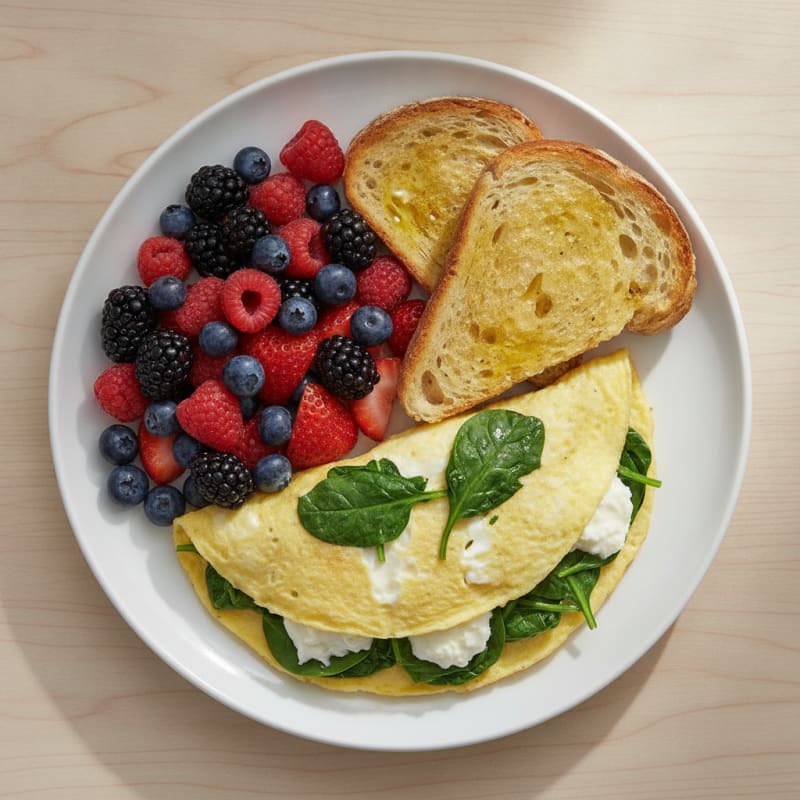 Egg White Spinach Omelet with Sourdough Toast and Fresh Berries