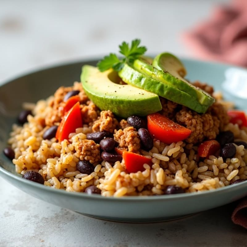 Spicy Ground Turkey with Brown Rice, Black Beans, and Creamy Avocado