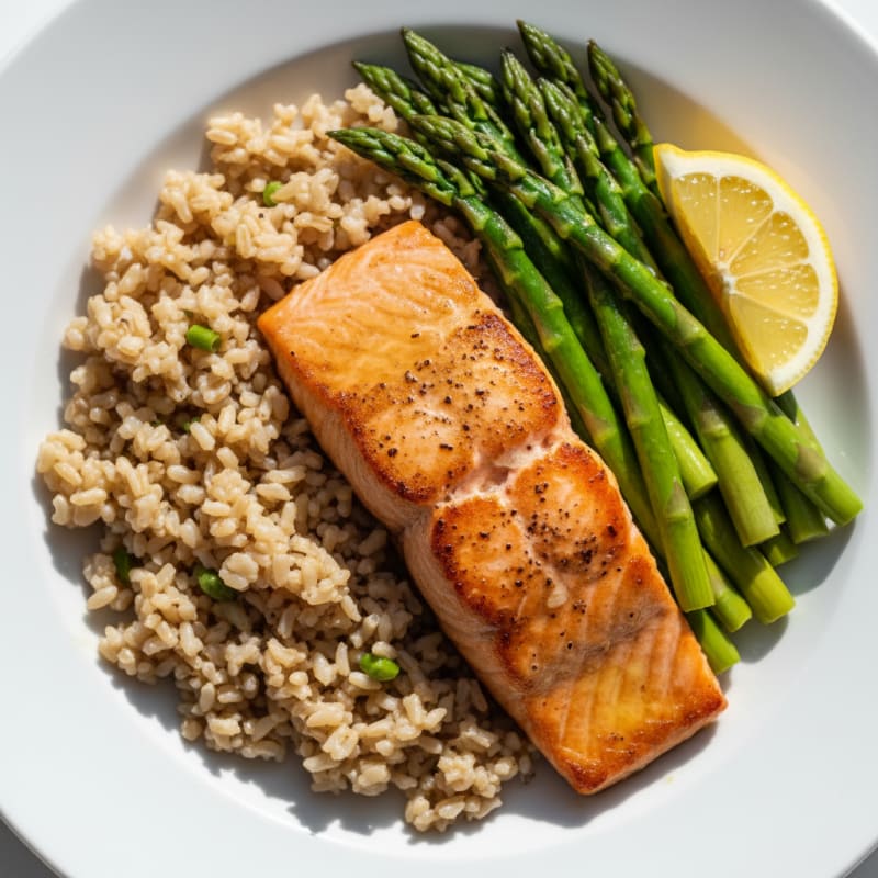 Seared Salmon Fillet with Steamed Asparagus and Brown Rice